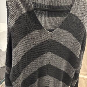 Striped V-Neck Sweater - Black and Gray